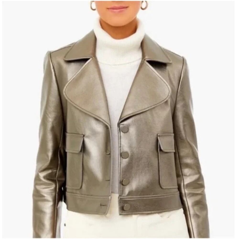 Metallic Leather Cropped Jacket - Gold - Picture 9 of 16